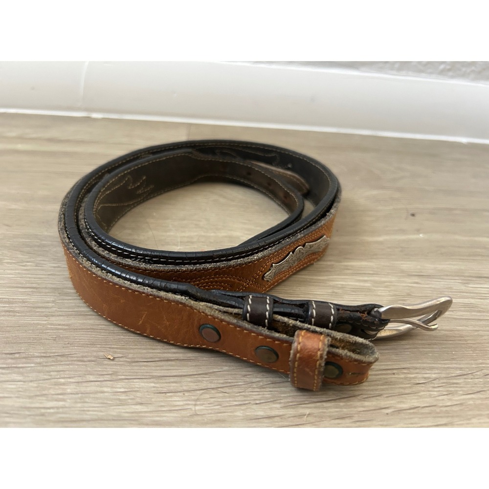 Vintage Western Leather Ranger Belt Brown Two Tone Silver Concho Tooled 35 Inch